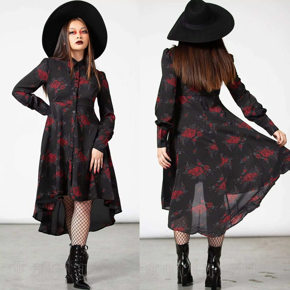 Killstar Red Rose Skull Pentagram High Low Midi Dress Pandora Shirt Dress L